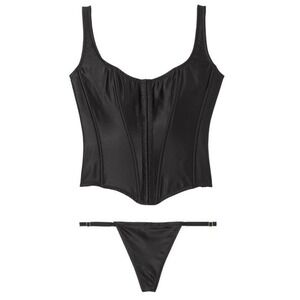 Victoria's Secret The Classic Corset Set 100% Silk 2 Piece Small Black NWT